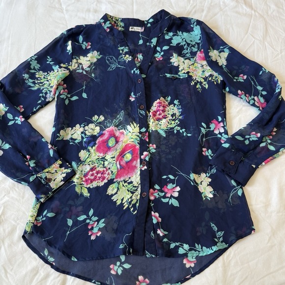 Kut from the Kloth Tops - Kut From The Kloth Womens Floral Garden Blue Sheer Drape Button-Up Blouse Size S
